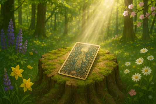 1 card tarot reading in a bright forest with flowers