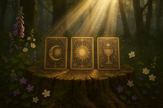 3 card tarot reading in forest with light and flowers