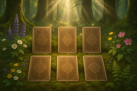 3 cards with 3 more cards below in a forest with flowers 