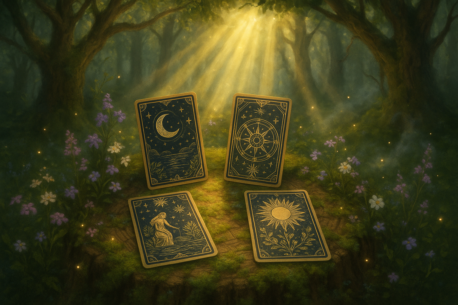 4 card tarot reading in forest with light and flowers