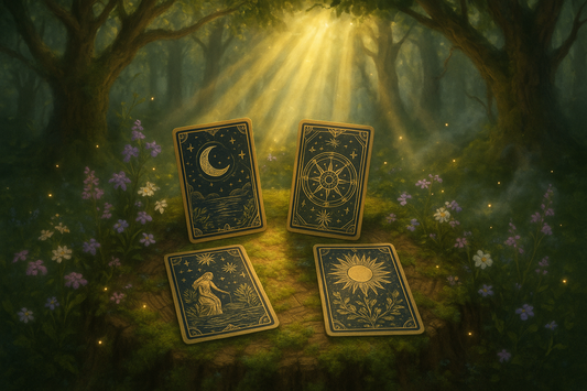 4 card tarot reading in forest with light and flowers