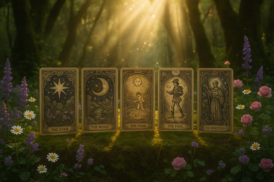 5 tarot cards in a forest with light and flowers