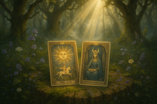 two card tarot reading in forest with light and flowers
